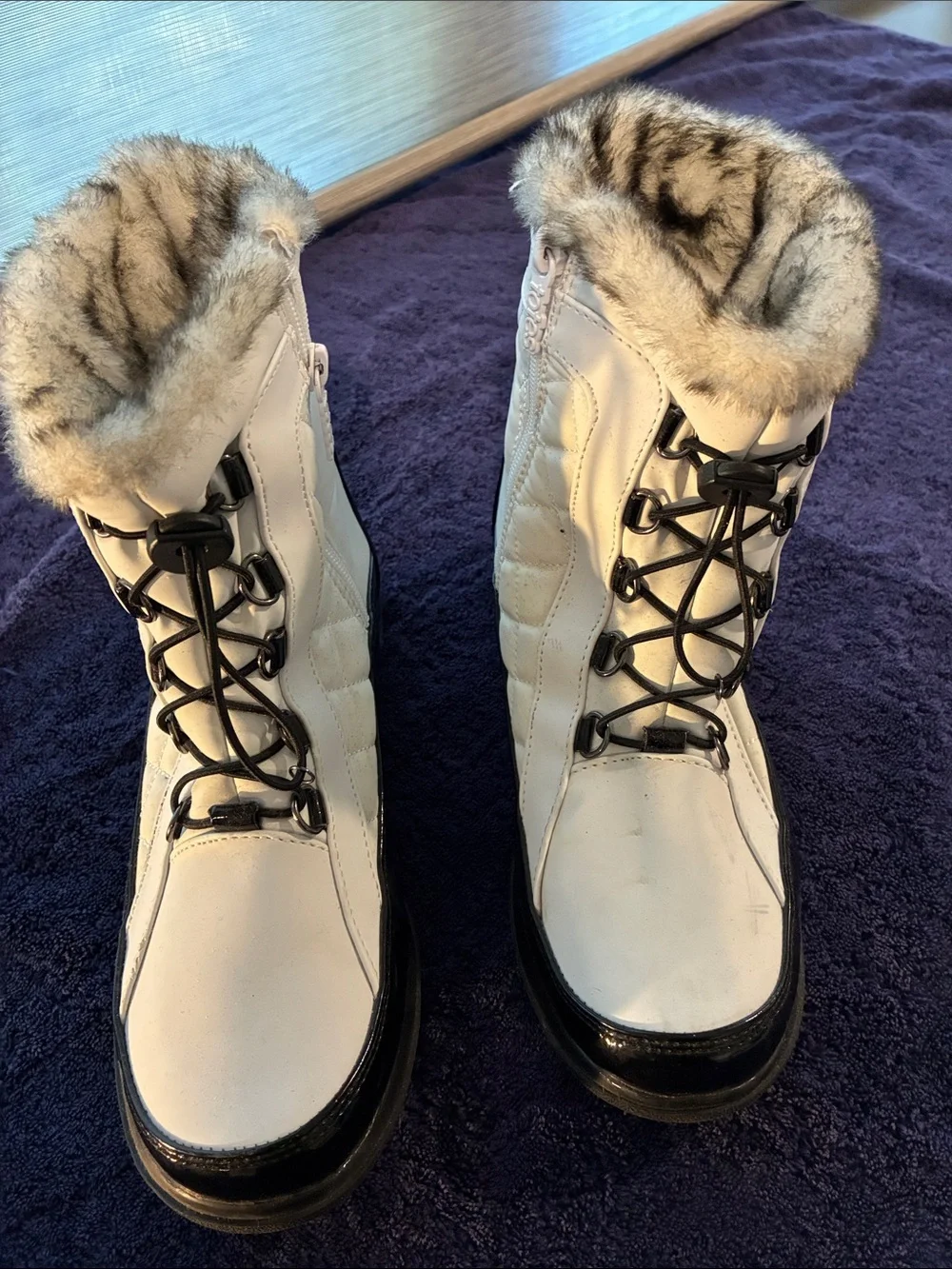 White Faux-Fur Lace-Up Winter Boots